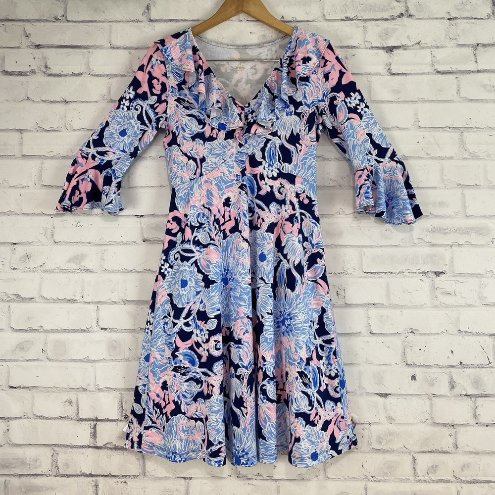 Lilly Pulitzer Women's‎ Small Blue Floral Beach Cotton Stretch 3/4 Length